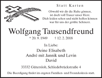 Traueranzeige von Wolfgang Tausendfreund von Neue Westfälische
