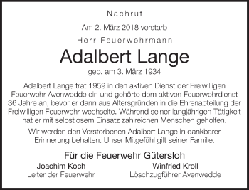 Traueranzeige von Adalbert Lange von Neue Westfälische