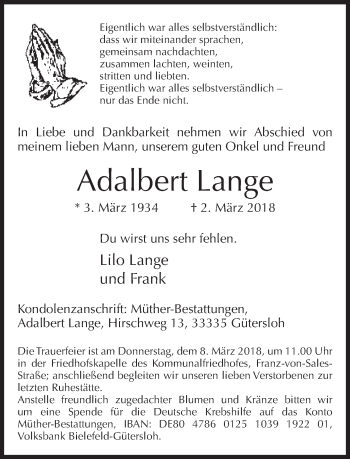 Traueranzeige von Adalbert Lange von Neue Westfälische