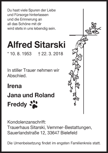 Traueranzeige von Alfred Sitarski von Neue Westfälische
