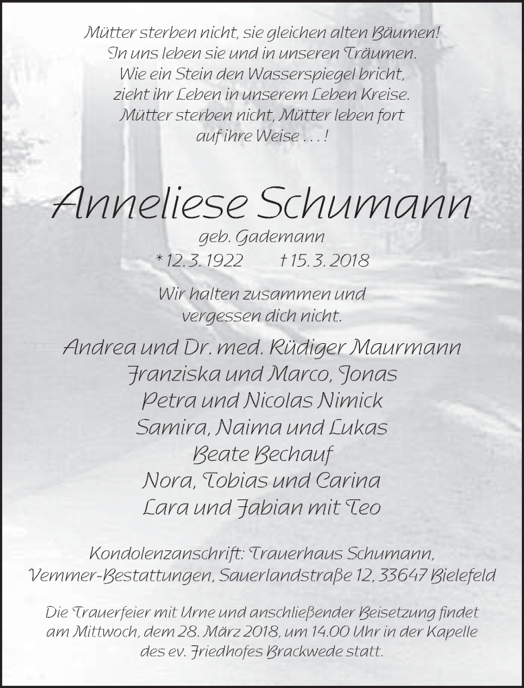  Traueranzeige für Anneliese Schumann vom 17.03.2018 aus Neue Westfälische