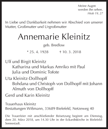 Traueranzeige von Annemarie Kleinitz von Neue Westfälische