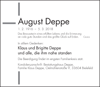 Traueranzeige von August Deppe von Neue Westfälische