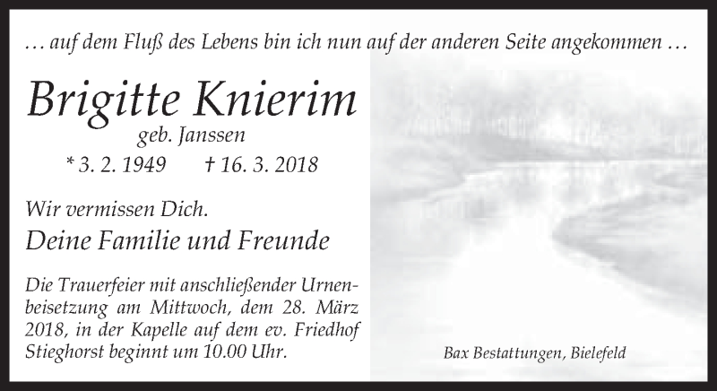  Traueranzeige für Brigitte Knierim vom 24.03.2018 aus Neue Westfälische