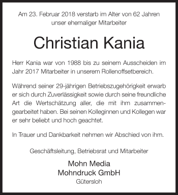 Traueranzeige von Christian Kania von Neue Westfälische