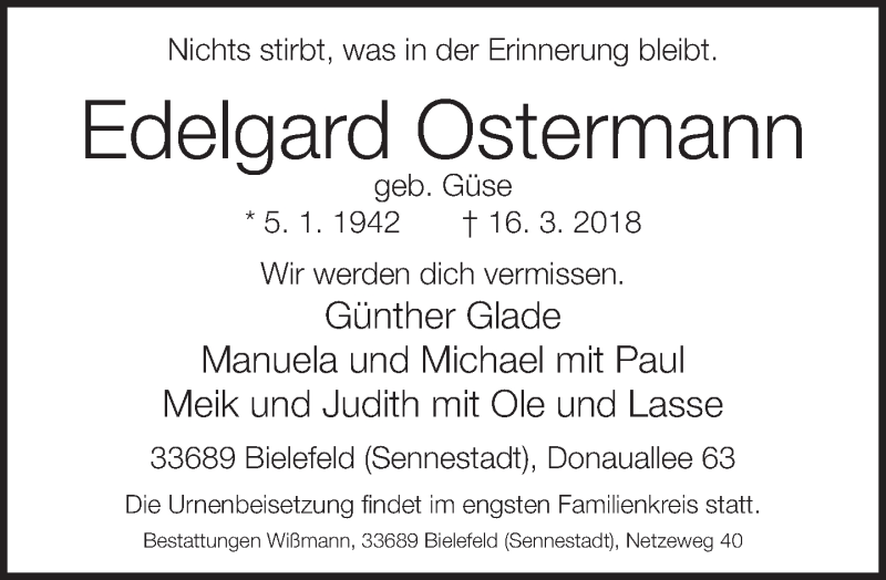  Traueranzeige für Edelgard Ostermann vom 24.03.2018 aus Neue Westfälische