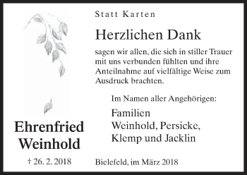 Traueranzeige von Ehrenfried Weinhold von Neue Westfälische