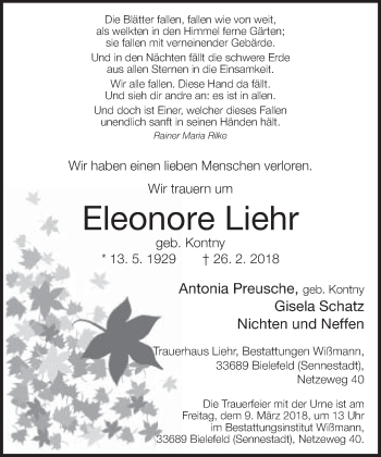 Traueranzeige von Eleonore Liehr von Neue Westfälische