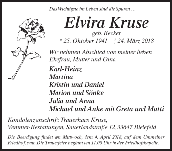 Traueranzeige von Elvira Kruse von Neue Westfälische