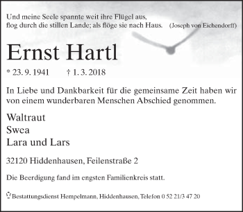 Traueranzeige von Ernst Hartl von Neue Westfälische