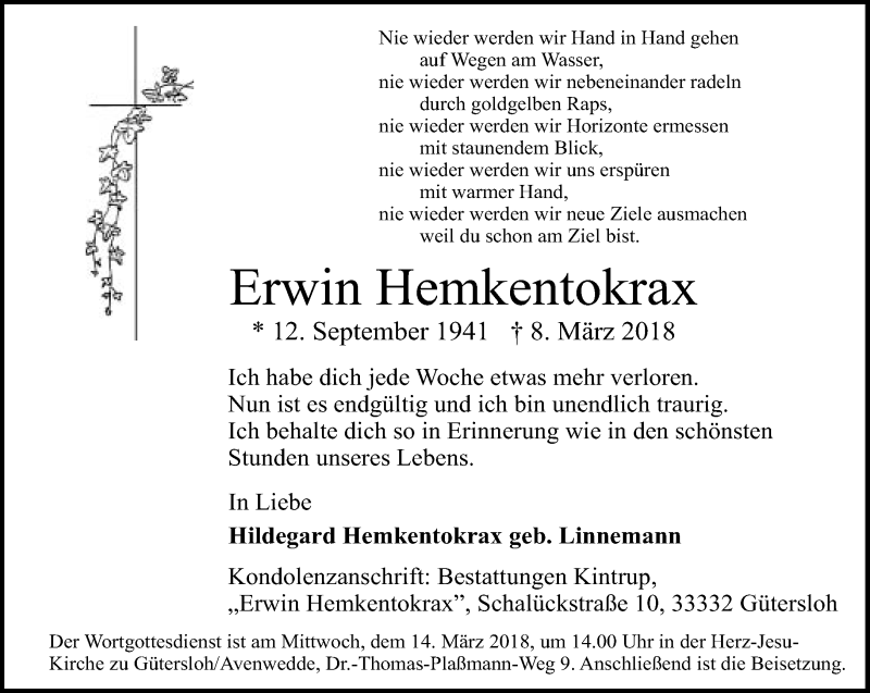  Traueranzeige für Erwin Hemkentokrax vom 10.03.2018 aus Neue Westfälische