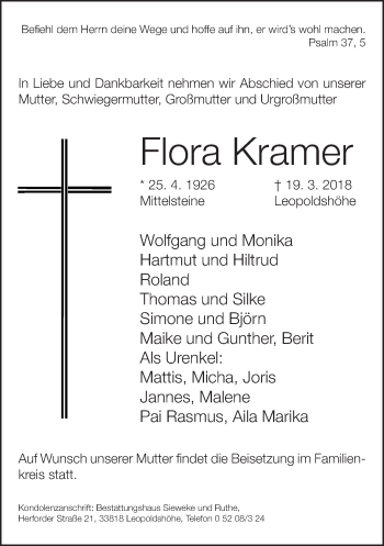 Traueranzeige von Flora Kramer von Neue Westfälische