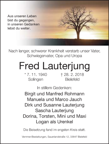 Traueranzeige von Fred Lauterjung von Neue Westfälische