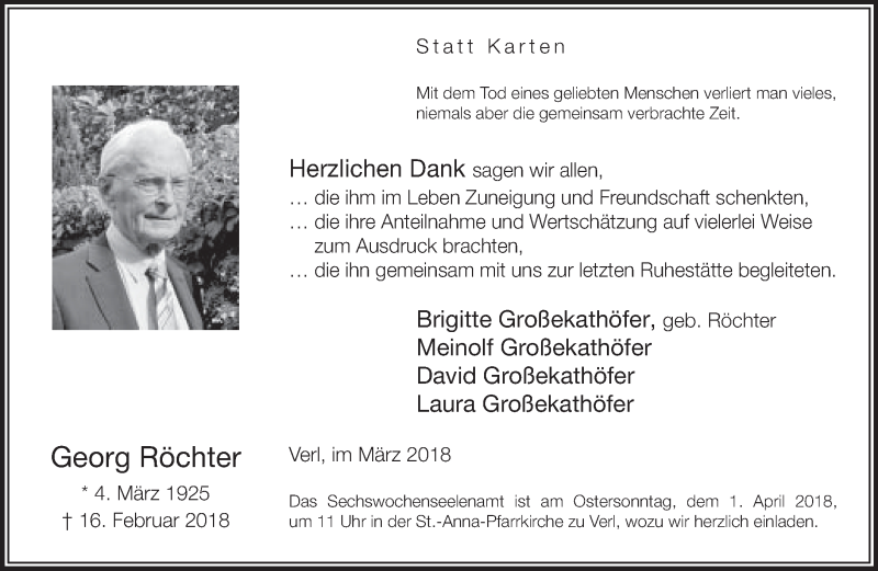  Traueranzeige für Georg Röchter vom 28.03.2018 aus Neue Westfälische