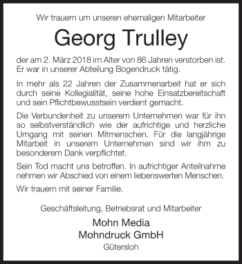 Traueranzeige von Georg Trulley von Neue Westfälische