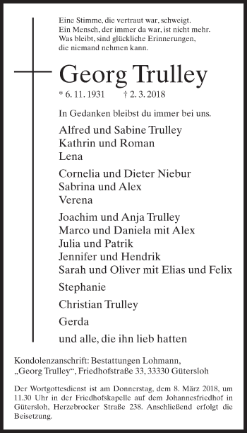 Traueranzeige von Georg Trulley von Neue Westfälische