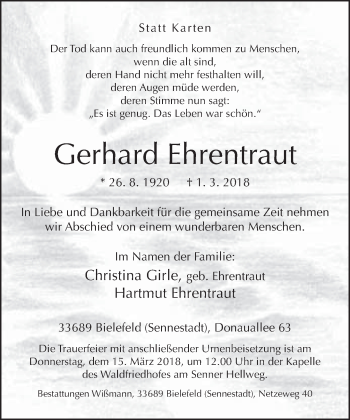 Traueranzeige von Gerhard Ehrentraut von Neue Westfälische