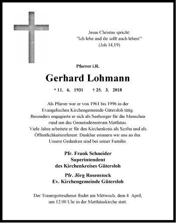 Traueranzeige von Gerhard Lohmann von Neue Westfälische