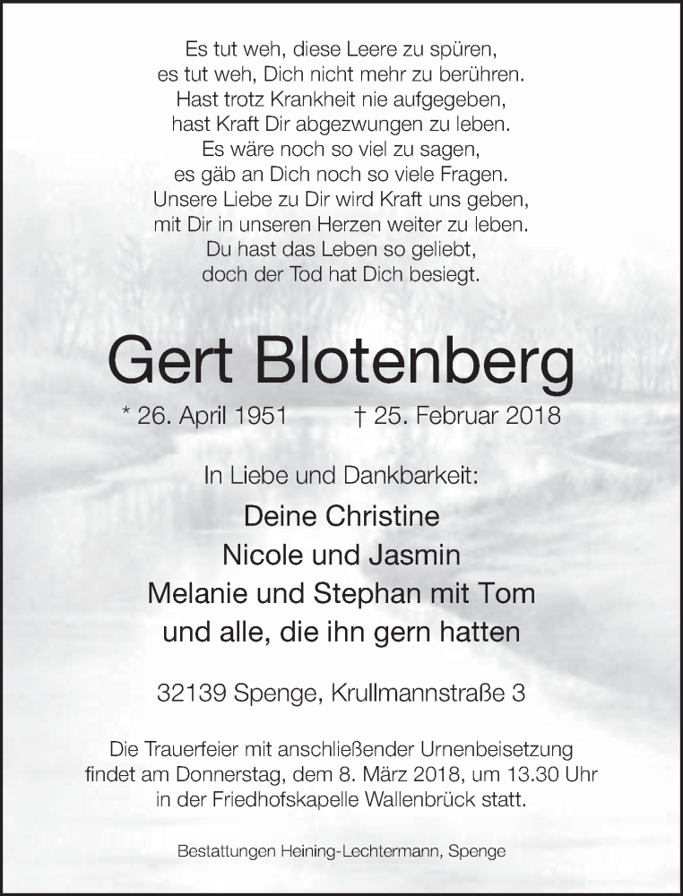  Traueranzeige für Gert Blotenberg vom 01.03.2018 aus Neue Westfälische