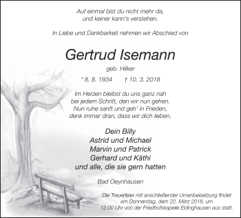 Traueranzeige von Gertrud Isemann