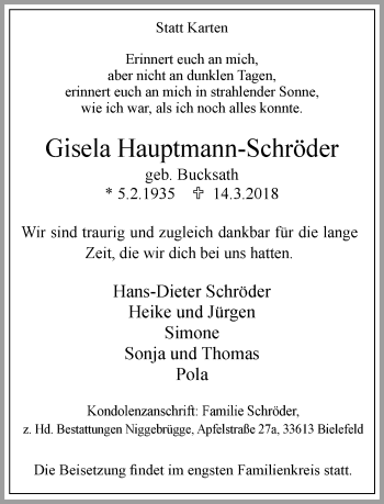 Traueranzeige von Gisela Hauptmann-Schröder