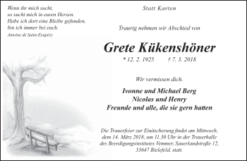 Traueranzeige von Grete Kükenshöner von Neue Westfälische
