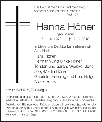 Traueranzeige von Hanna Höner von Neue Westfälische