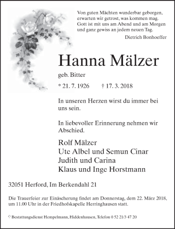 Traueranzeige von Hanna Mälzer von Neue Westfälische