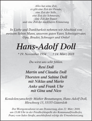 Traueranzeige von Hans-Adolf Doll von Neue Westfälische