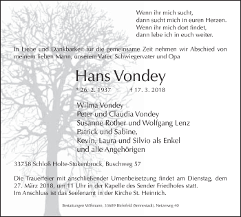 Traueranzeige von Hans Vondey von Neue Westfälische