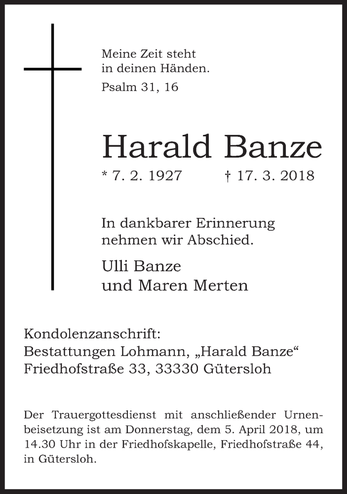  Traueranzeige für Harald Banze vom 24.03.2018 aus Neue Westfälische