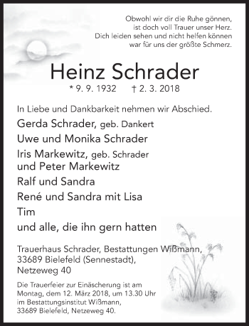 Traueranzeige von Heinz Schrader von Neue Westfälische