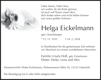 Traueranzeige von Helga Eickelmann von Neue Westfälische