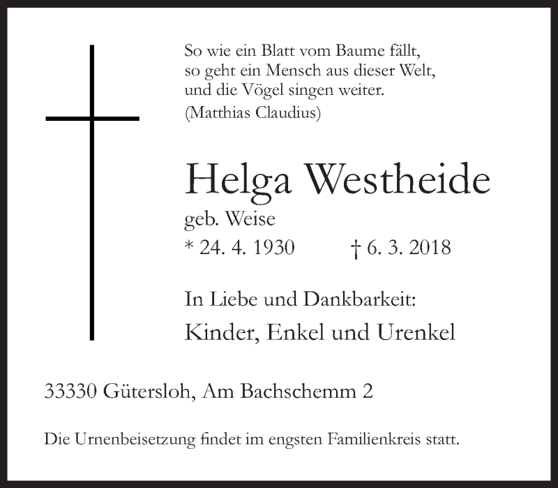  Traueranzeige für Helga Westheide vom 10.03.2018 aus Neue Westfälische