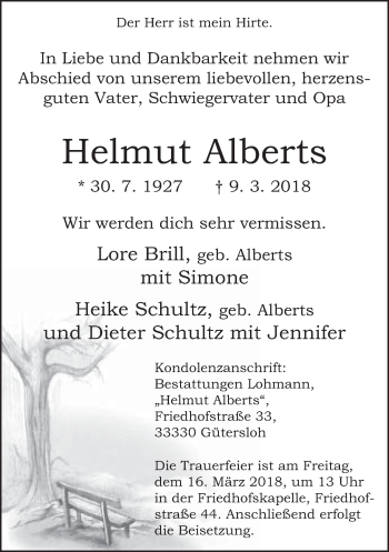 Traueranzeige von Helmut Alberts von Neue Westfälische
