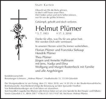 Traueranzeige von Helmut Plümer von Neue Westfälische