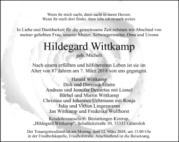 Traueranzeige von Hildegard Wittkamp