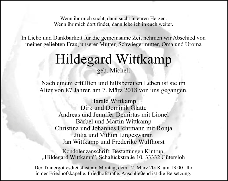  Traueranzeige für Hildegard Wittkamp vom 09.03.2018 aus Neue Westfälische