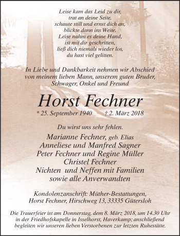 Traueranzeige von Horst Fechner von Neue Westfälische