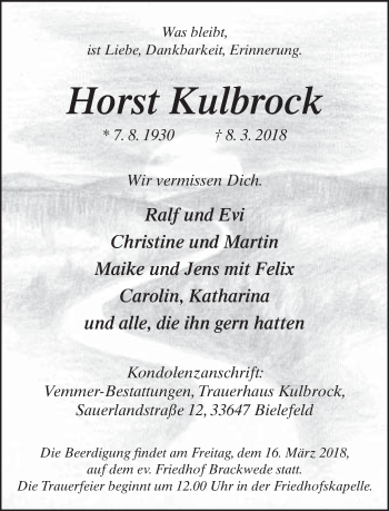 Traueranzeige von Horst Kulbrock von Neue Westfälische