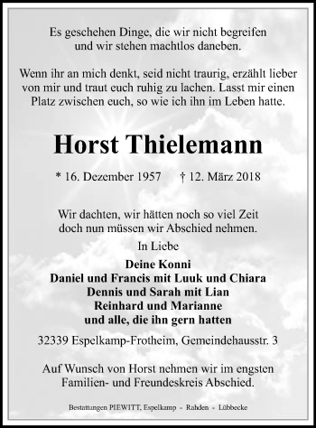 Traueranzeige von Horst Thielemann von Neue Westfälische