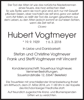 Traueranzeige von Hubert Vogtmeyer von Neue Westfälische