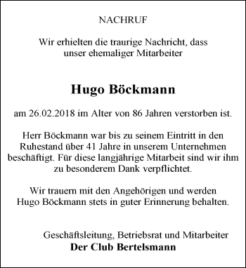 Traueranzeige von Hugo Böckmann