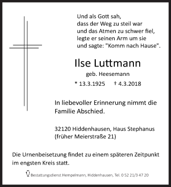 Traueranzeige von Ilse Luttmann von Neue Westfälische