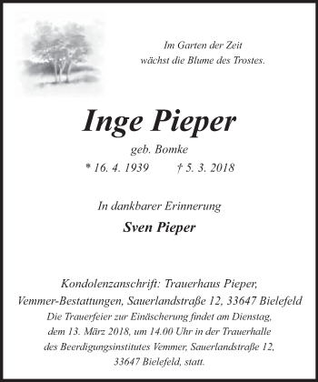 Traueranzeige von Inge Pieper von Neue Westfälische