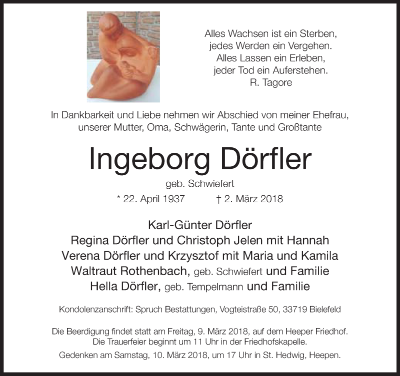  Traueranzeige für Ingeborg Dörfler vom 06.03.2018 aus Neue Westfälische