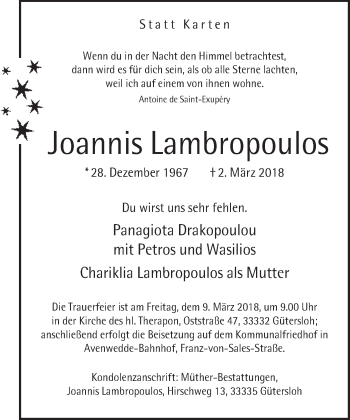 Traueranzeige von Joannis Lambropoulos von Neue Westfälische