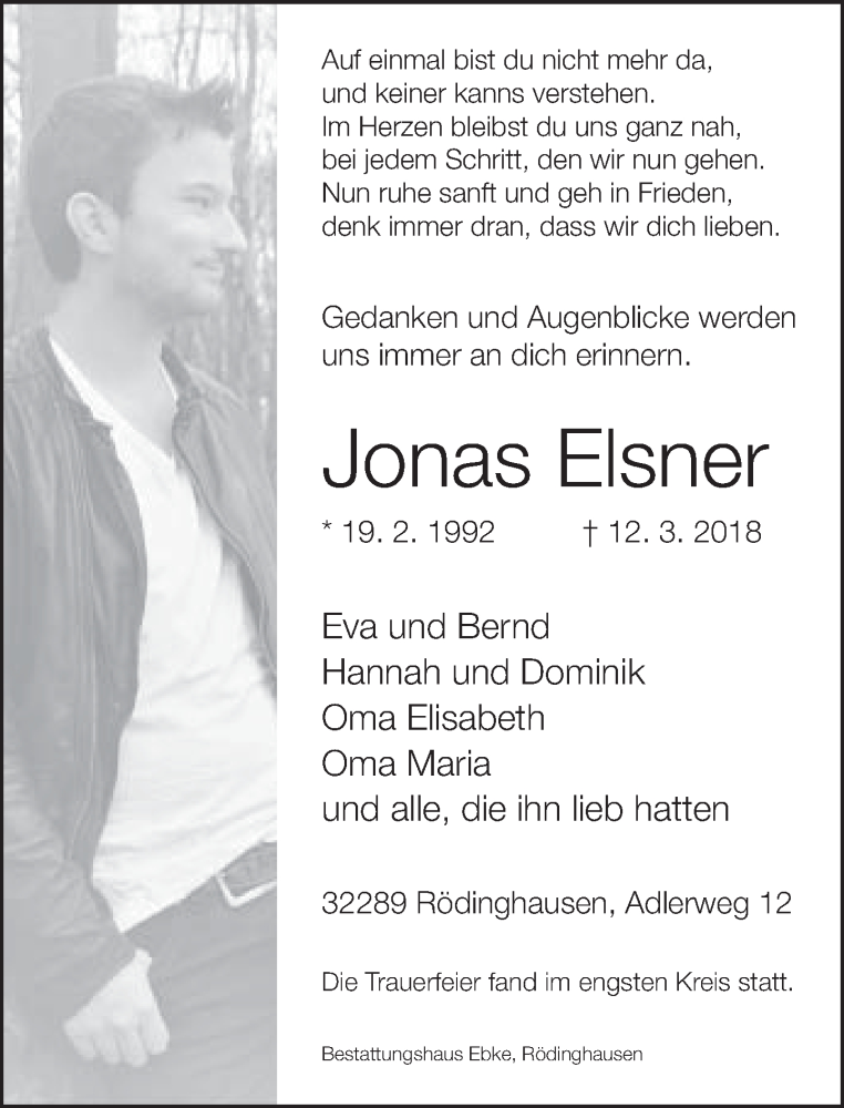  Traueranzeige für Jonas Elsner vom 24.03.2018 aus Neue Westfälische