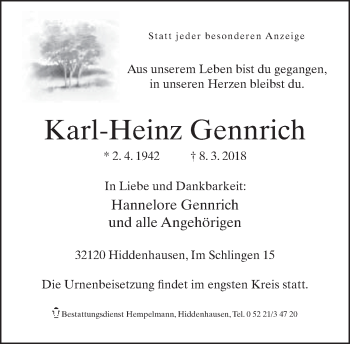 Traueranzeige von Karl-Heinz Gennrich von Neue Westfälische