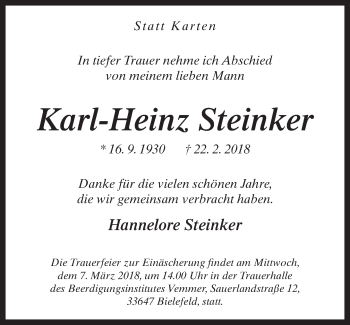 Traueranzeige von Karl-Heinz Steinker von Neue Westfälische